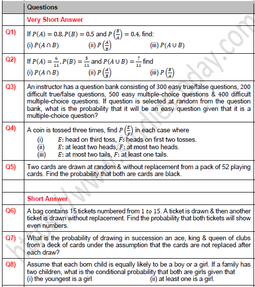 CBSE Class 12 Mathematics Conditional Probability Worksheet Set A
