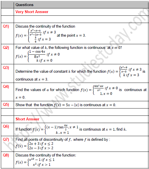 CBSE Class 12 Mathematics Continuity Worksheet Set A