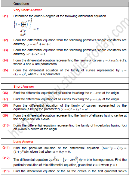 CBSE Class 12 Mathematics Formation of Differential Equation Worksheet Set A