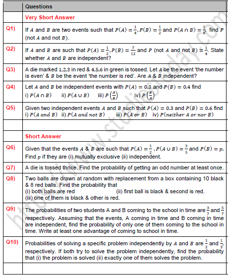 CBSE Class 12 Mathematics Independent Events Worksheet Set A