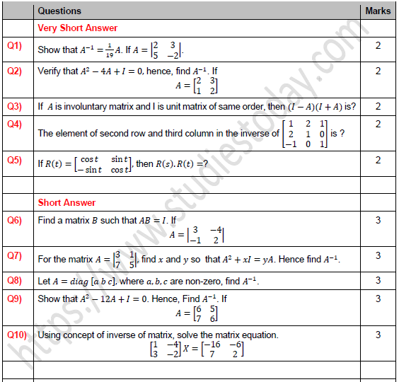 CBSE Class 12 Mathematics Inverse and Adjoin of Matrix Worksheet Set A