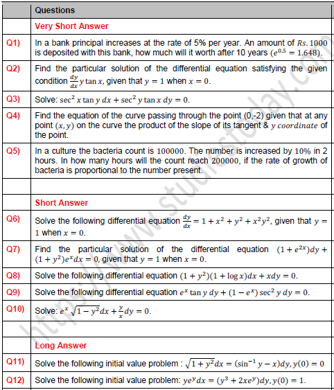 CBSE Class 12 Mathematics Solution of Different Types of Differential Equation Worksheet Set A