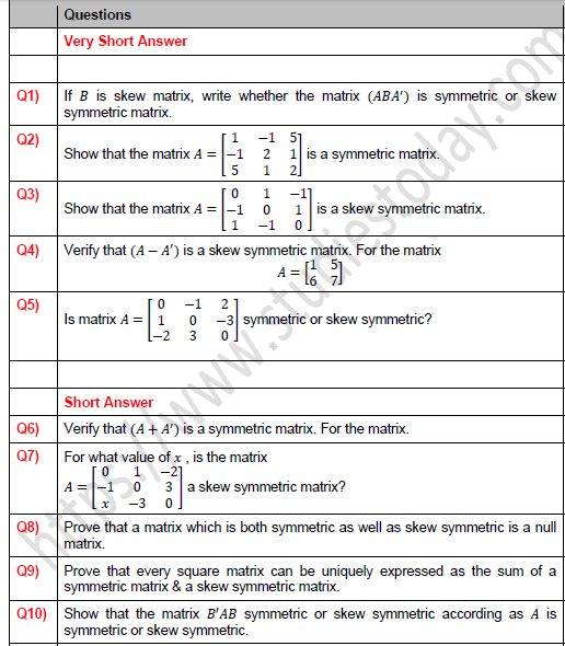 CBSE Class 12 Mathematics Symmetric Matrix Worksheet Set A