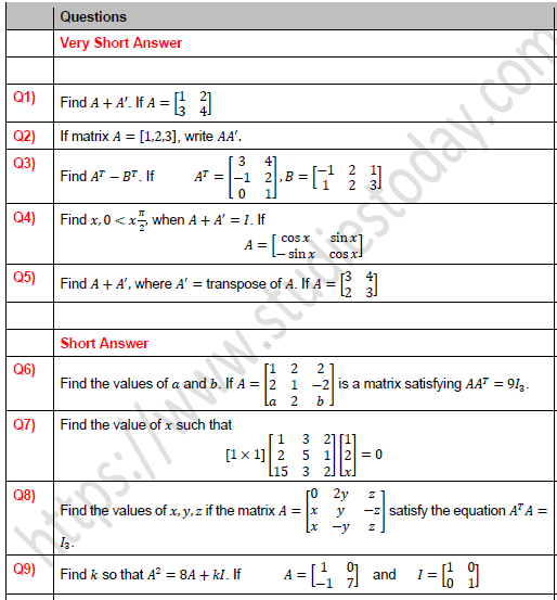 CBSE Class 12 Mathematics Transpose Matrix Worksheet Set A