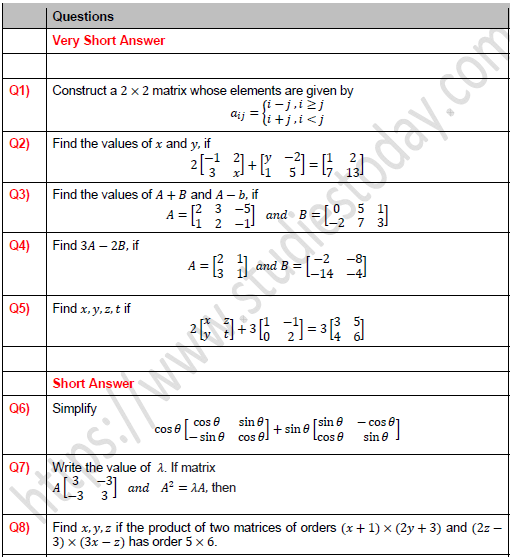 CBSE Class 12 Mathematics Type of Matrix Worksheet Set A