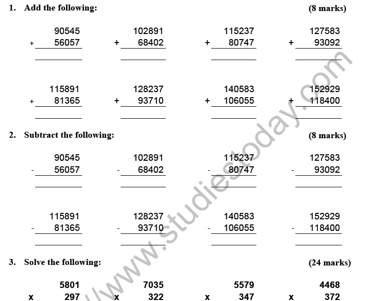 CBSE Class 5 Mathematics Practice Worksheet Set I