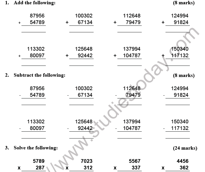 CBSE Class 5 Mathematics Practice Worksheet Set J