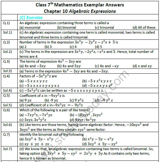 CBSE Class 7 Mathematics Algebraic Expression Exemplar Solutions
