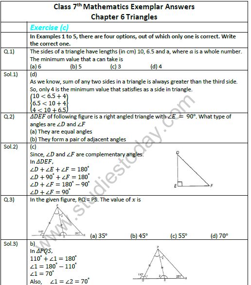 CBSE Class 7 Mathematics Triangles and Its Properties Exemplar Solutions. Exemplar questions are very important and should be solved by students to understand the concepts for chapter Triangles and Its Properties for class 7. This will help them to understand the chapter properly and also find any area for improvement. Students are suggested to solve all exemplar questions and then compare their solutions with the exemplar solutions provided here. Click on below link to download CBSE Class 7 Mathematics Triangles and Its Properties Exemplar Solutions