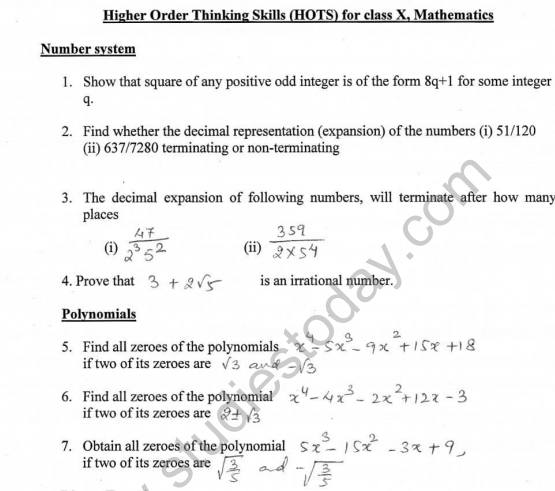 CLass 10 Maths HOTs Questions