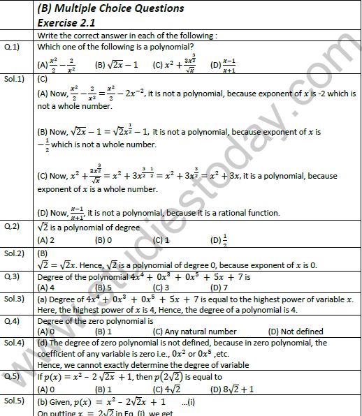 NCERT Class 9 Mathematics Chapter 2 Polynomials Exemplar Solutions