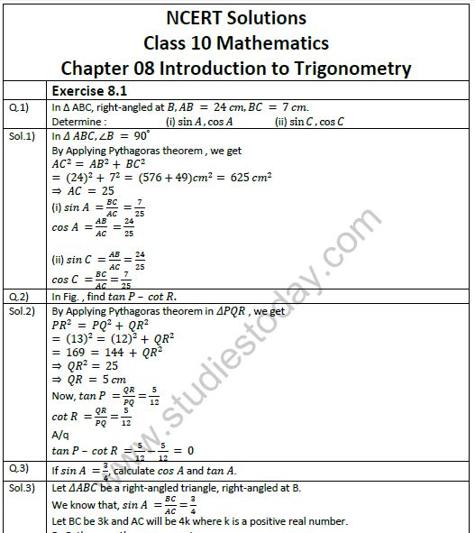 Ncert Solutions Class 10 Mathematics Chapter 8 Introduction To Trigonometry