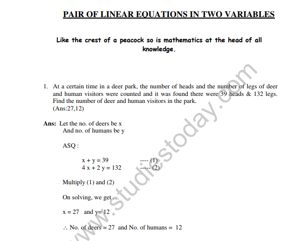 Linear Equations In Two Variables Class 10
