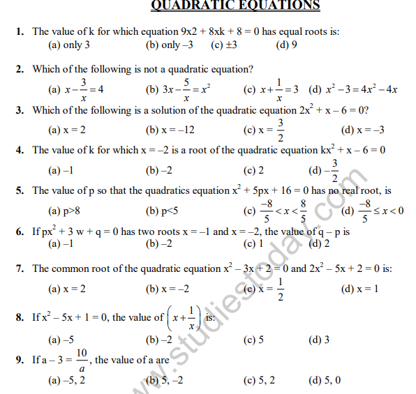 quadratic equation class 10 mcq